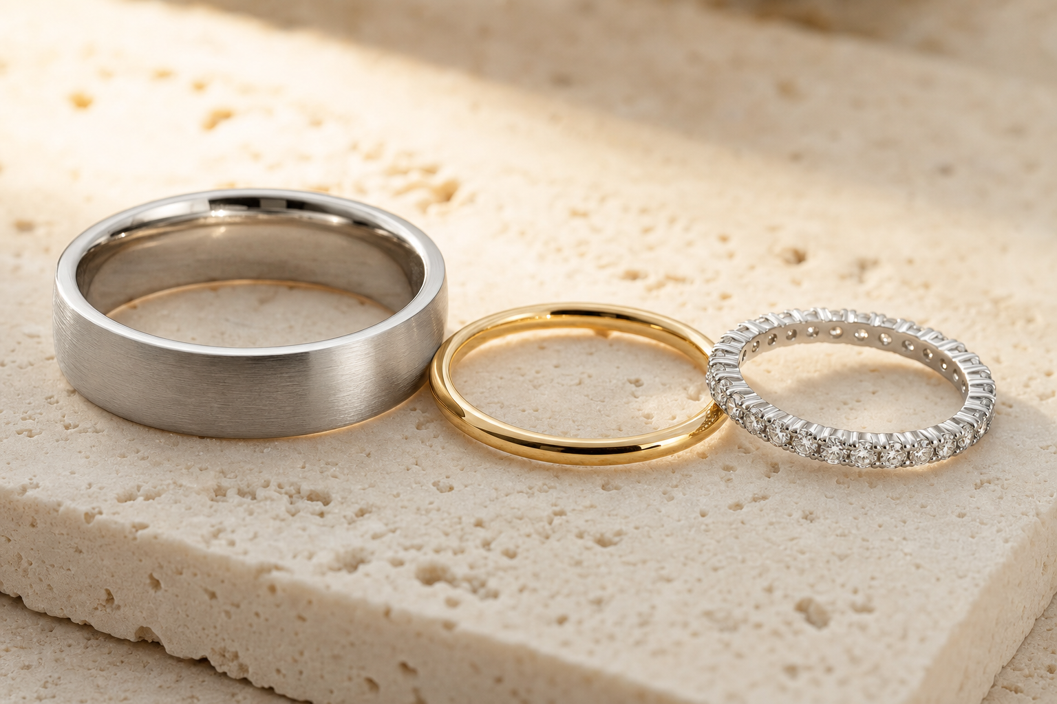 Wedding bands trio on ivory marble