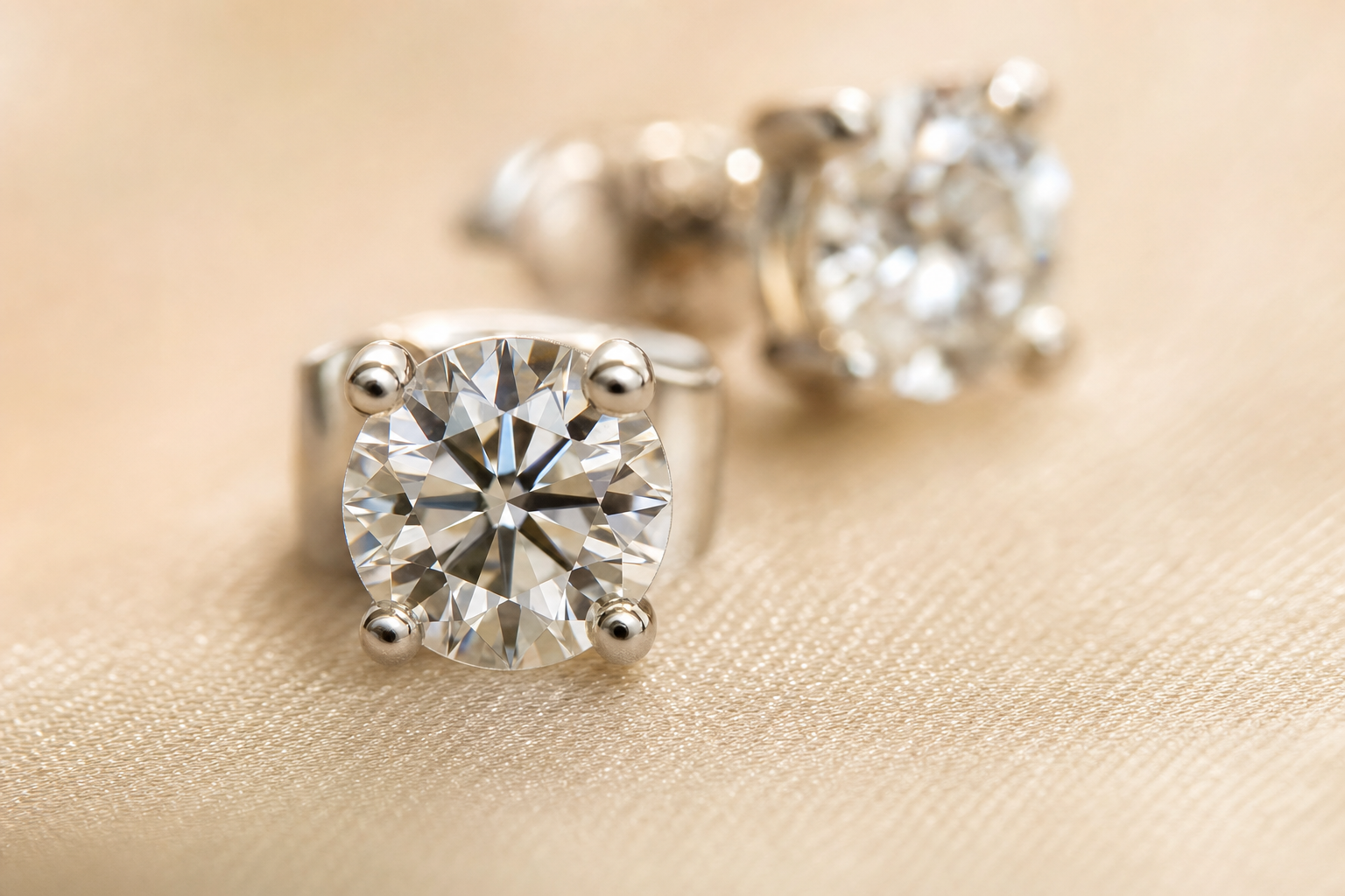 Diamond stud earrings on champagne linen