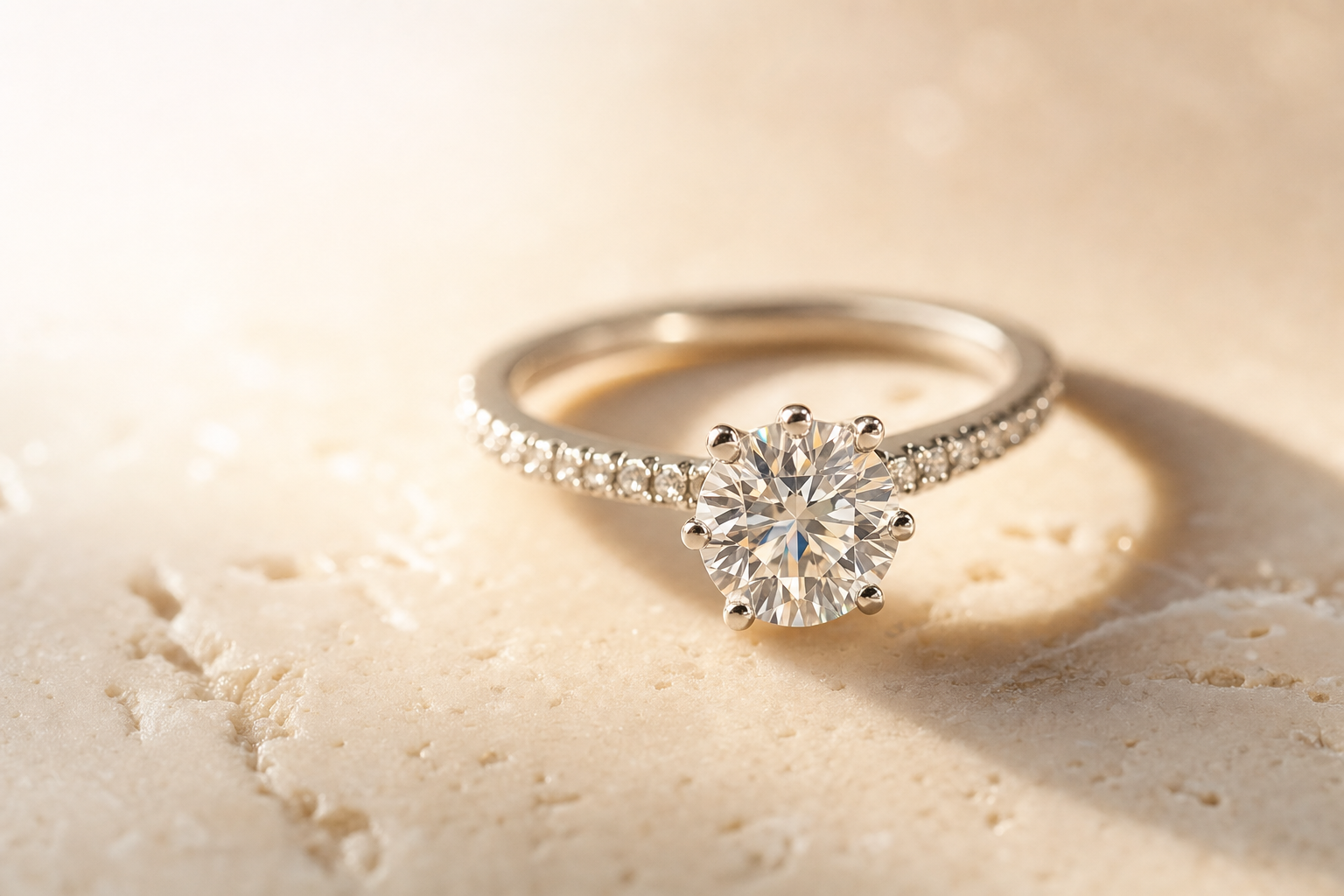 Diamond solitaire engagement ring on ivory marble