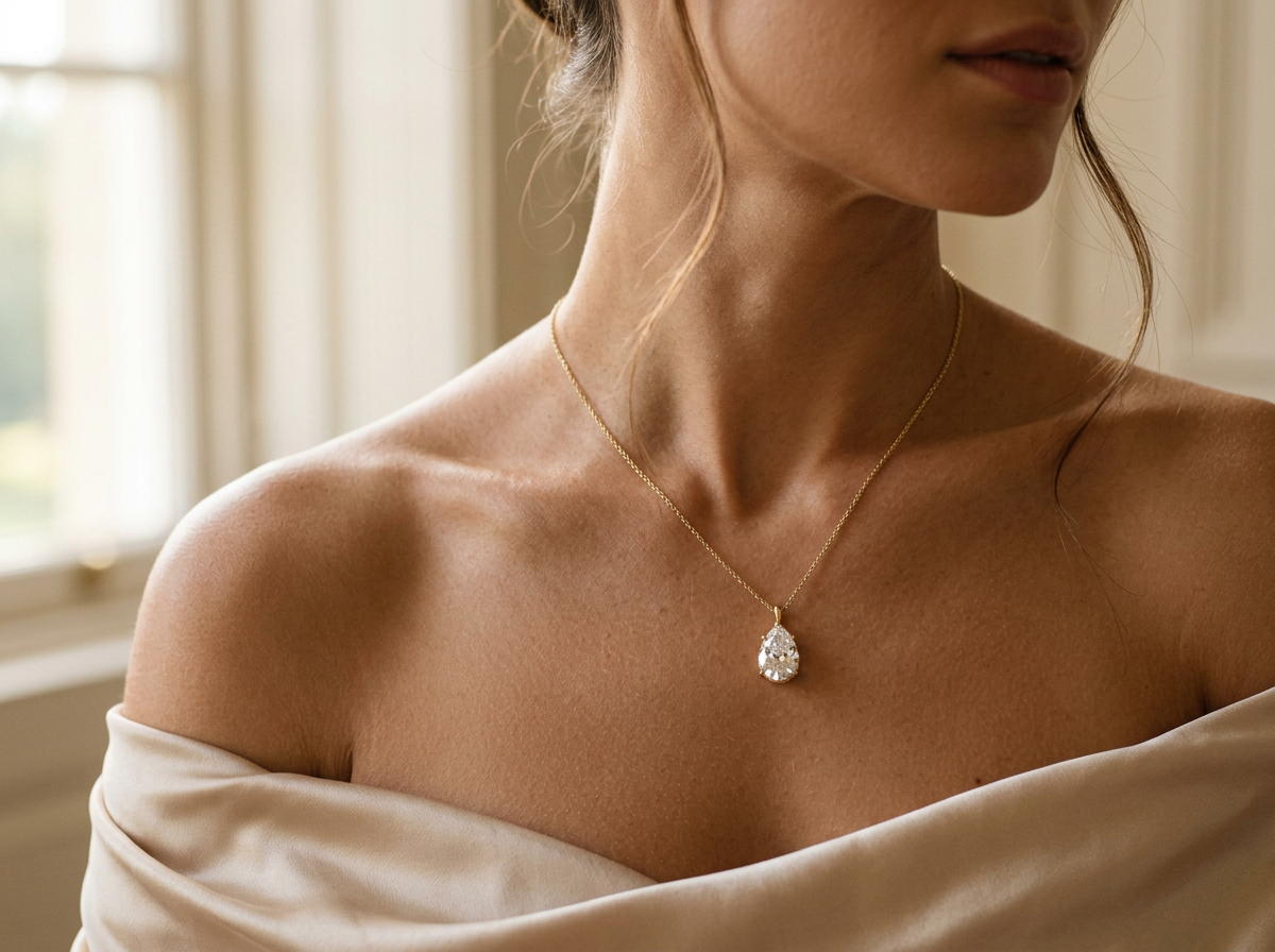 Diamond pendant necklace on woman's collarbone