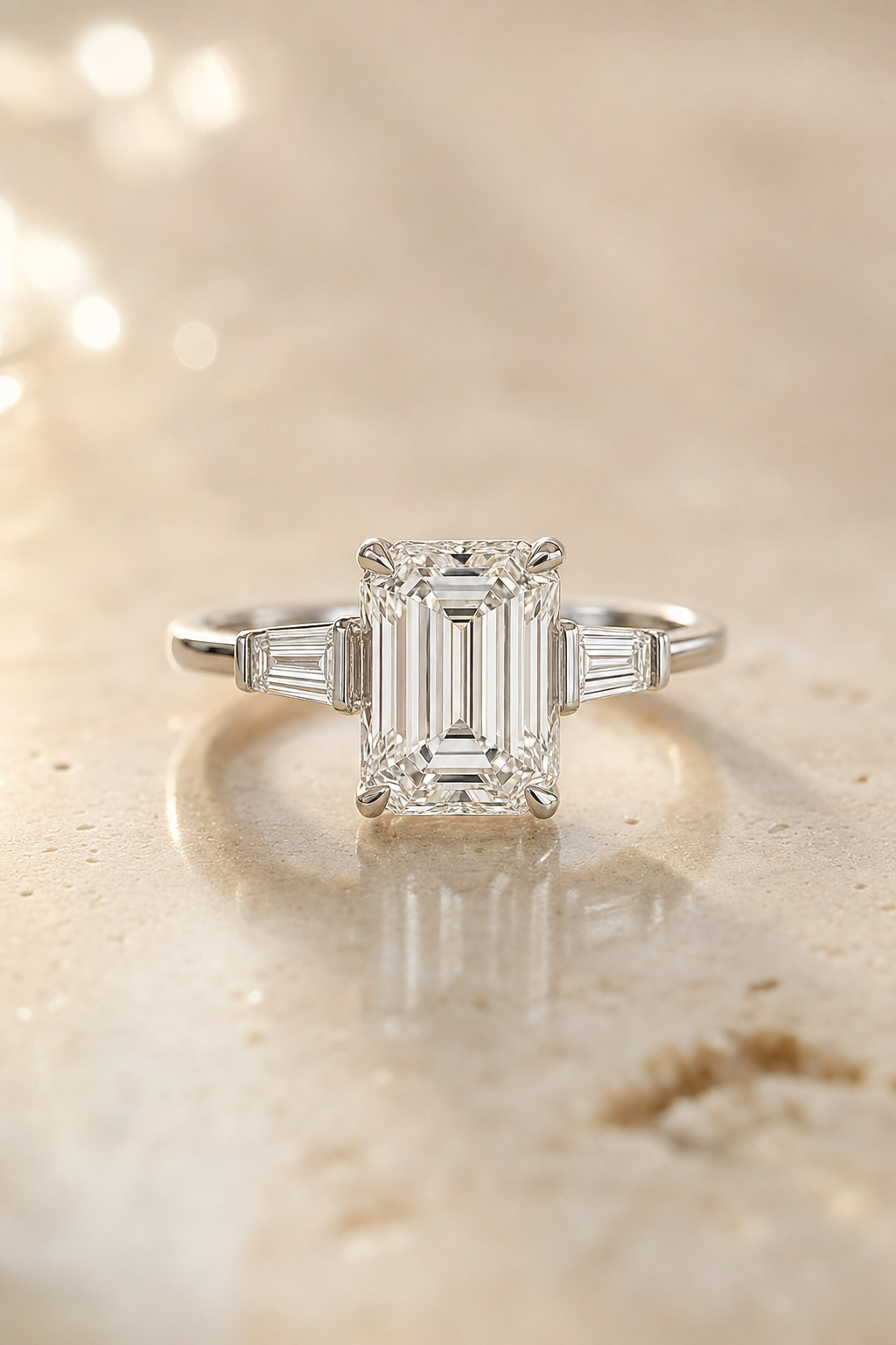 Emerald cut diamond fashion ring on marble