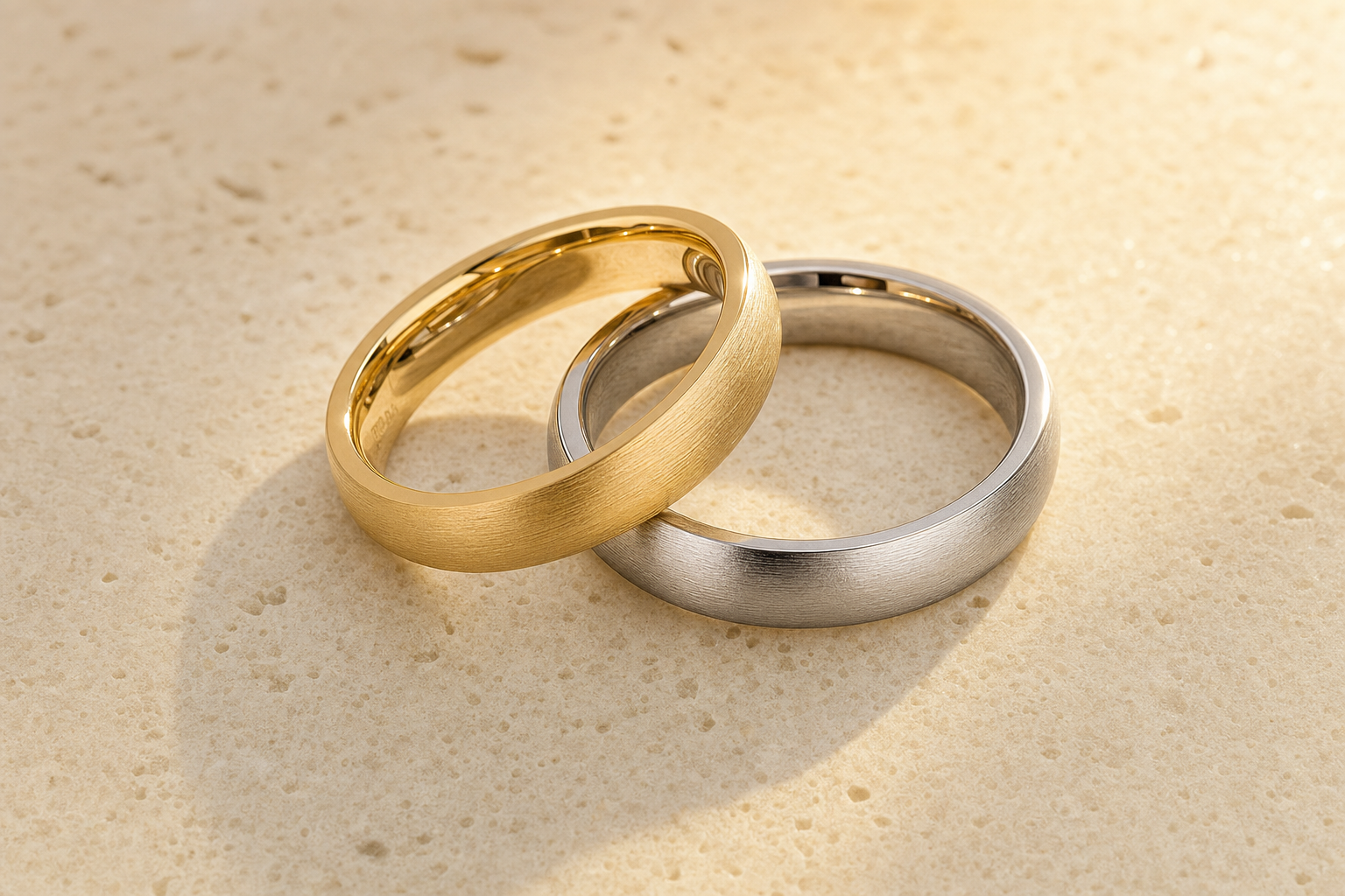Wedding rings on ivory marble