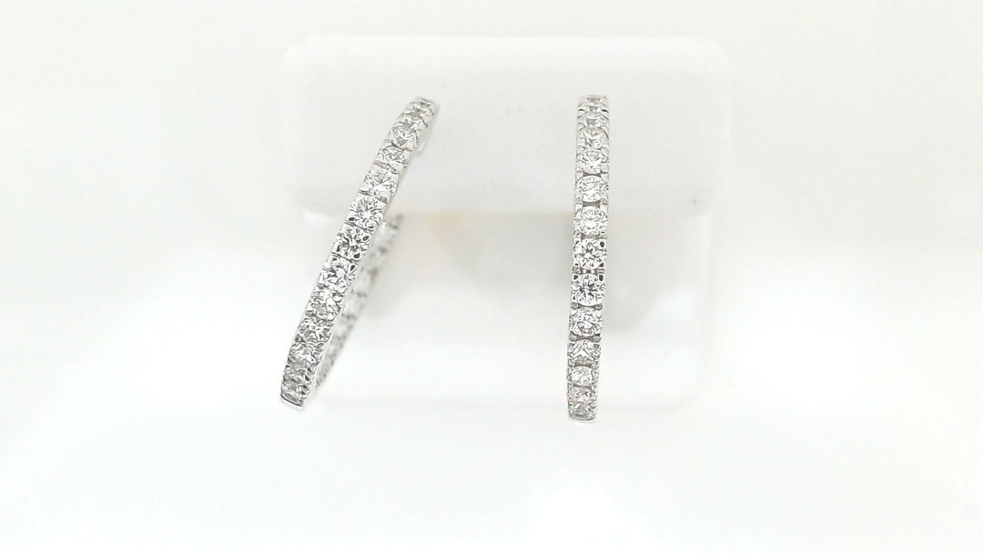 White Sterling Silver Medium Hoop Earrings With = 2.00Twt Round F Vs2 Diamonds