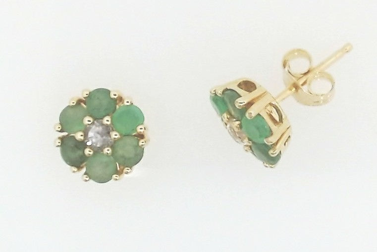 Yellow 10 Karat Stud Earrings With 12 = 0.33Twt Round Emeralds And 2 = 0.06Twt Round White Sapphires