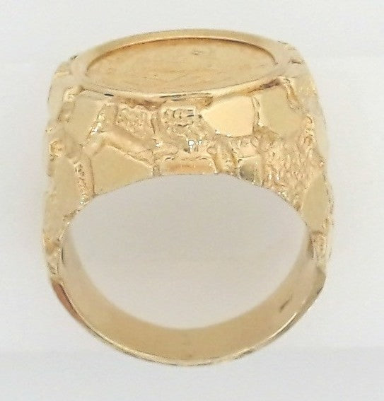 14K Yellow Gold Nugget Krugerrand Coin Holder Ring, Size 10