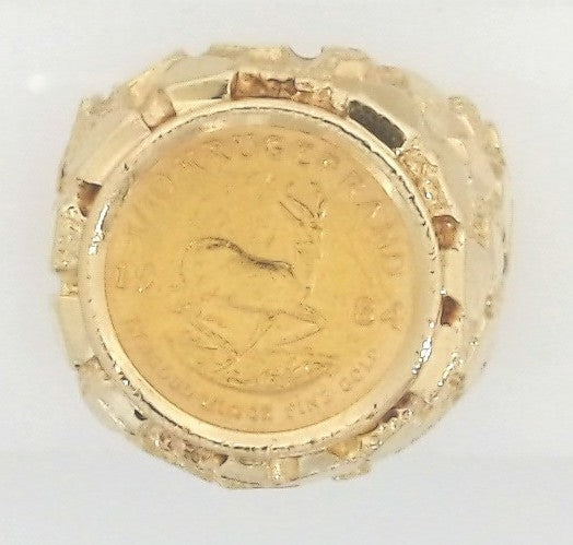 14K Yellow Gold Nugget Krugerrand Coin Holder Ring, Size 10