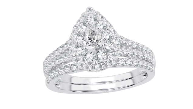 14K White Gold Pear Diamond Halo Wedding Set, 0.24 ct Center, 1.18 ct Accents, Size 7