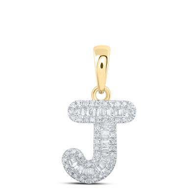 10K Yellow Gold Baguette Diamond Initial J Pendant, 0.15 ct