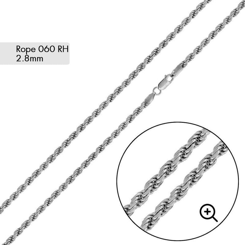 White Sterling Silver 2.8mm Rope Chain, 24 inch
