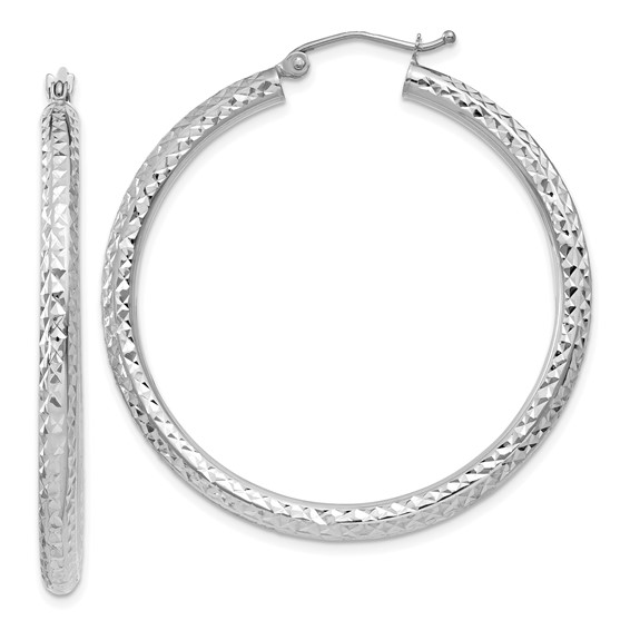 10K White Gold Diamond-Cut Medium Hoop Earrings, Weight 2.51