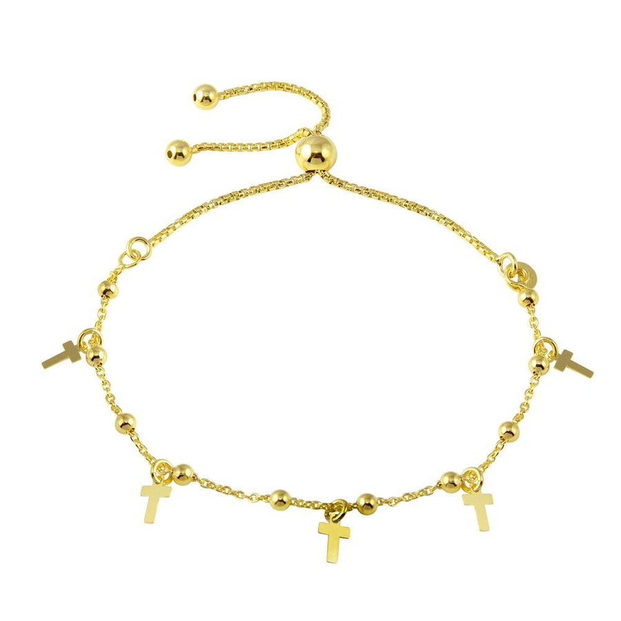 Gold Plated 925 Sterling Silver Box Chain Bead and Cross Lariat Bracelet