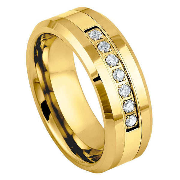 Tungsten Yellow Polished Wedding Band With CZ Stones Size:10