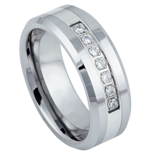 Tungsten White Polished Wedding Band With CZ Stones Size:11 8mm