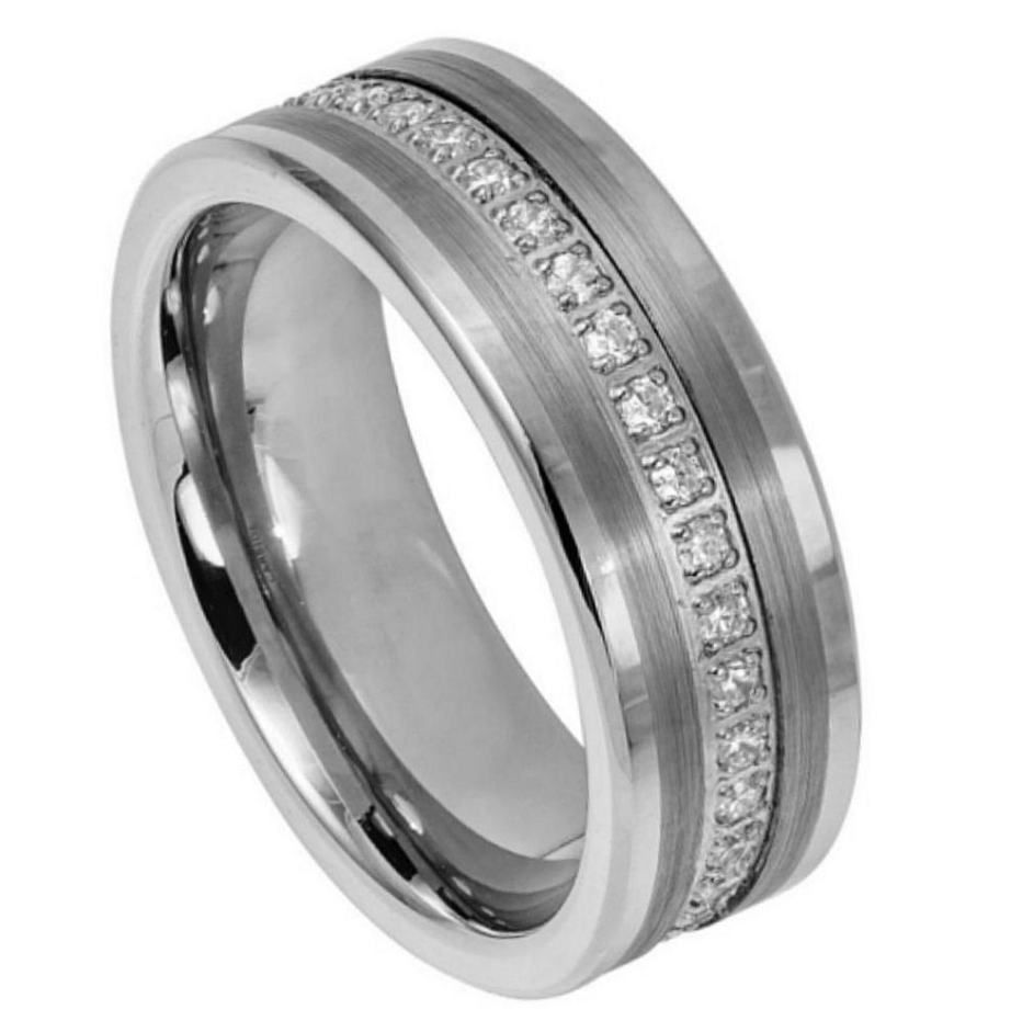 Tungsten White Polished Wedding Band With CZ Stones Size:9