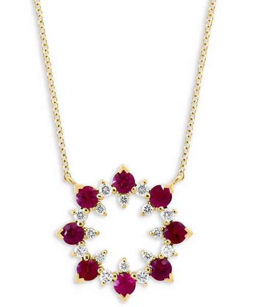 14kYellow Gold Diamond Natural Ruby Fashion Necklace18 inch 0.35 TDW