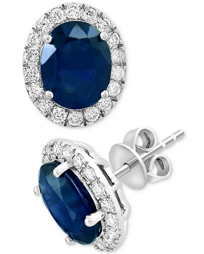 14K White Gold Sapphire with Diamond Oval Earrings 0.13 tw