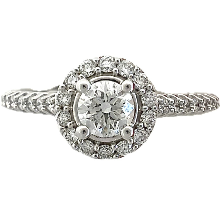 14K White Gold Halo Diamond Engagement Ring, 0.25 ct Center, Size 7