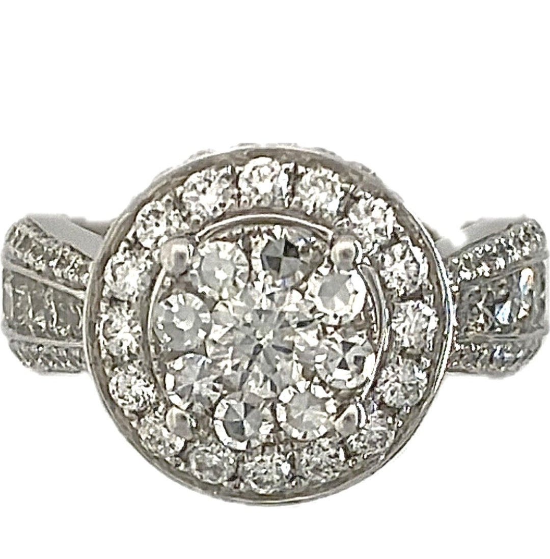 14K White Gold Round Diamond Cluster Engagement Ring, 3.00 ct, Size 7