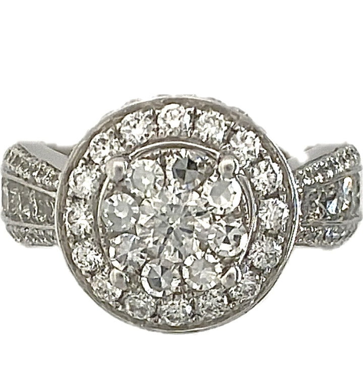 14K White Gold Round Diamond Cluster Engagement Ring, 3.00 ct, Size 7