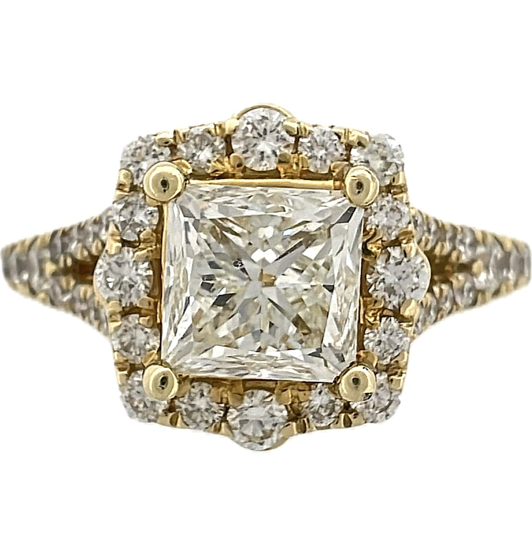 14K Yellow Gold Princess Halo Diamond Engagement Ring, 1.00 ct Center, Size 7.25