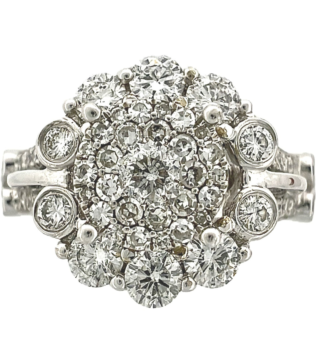 14K White Gold Round Diamond Cluster Engagement Ring, 2.00 ct, Size 7