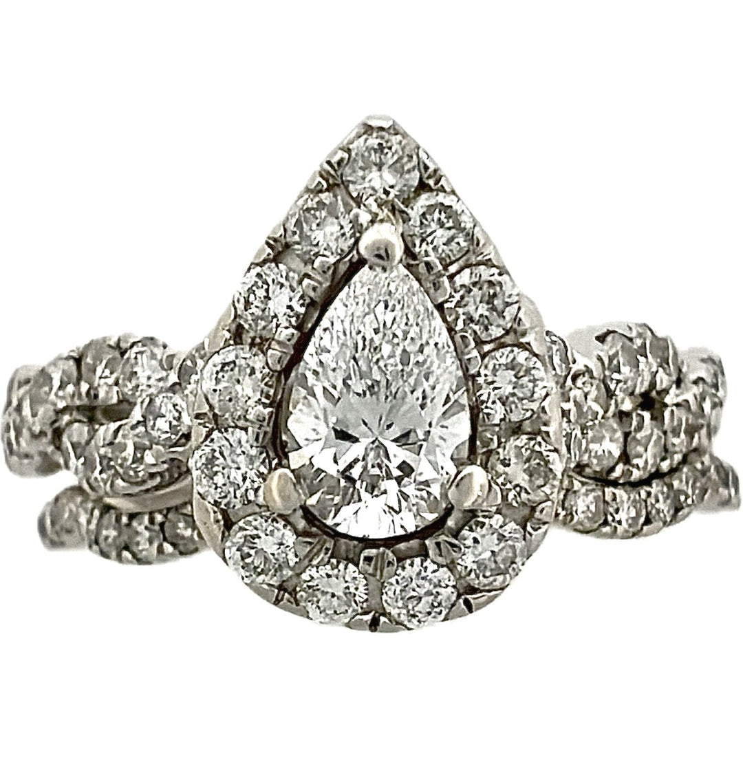 14K White Gold Pear Diamond Halo Engagement Ring, 0.50 ct Center, 1.00 ct Accents, Size 7
