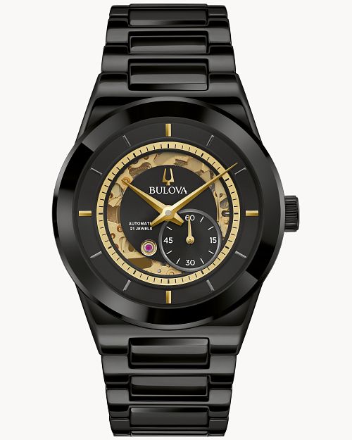 Men's Bulova Modern Millenia Black IP Automatic Ceramic Watch with Black Skeleton Dial
