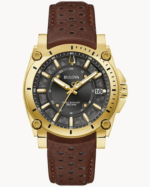 Bulova Icon Gold-Tone Brown Racing Leather Strap