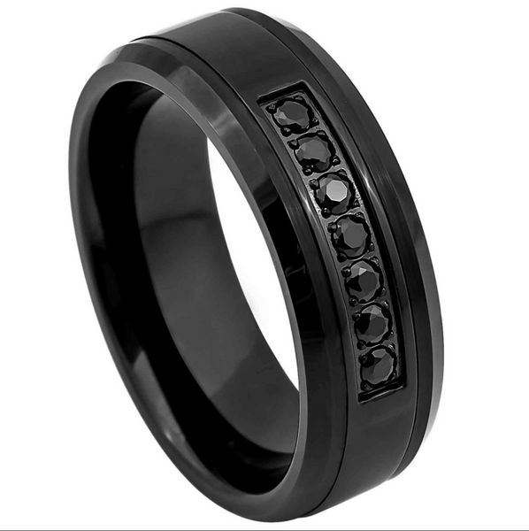 Tungsten Black Wedding Band With Black CZ Stones Size:8