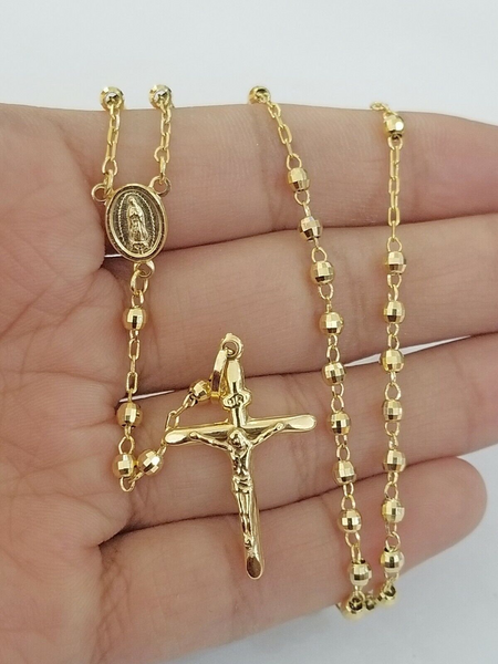 14K Yelllow Gold  Diamond Cut Rosary Necklace 18 inch