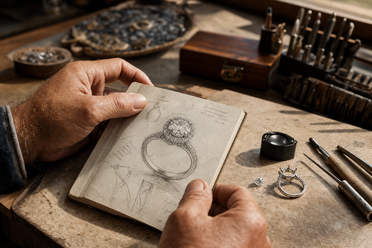 Jeweler sketching custom ring design