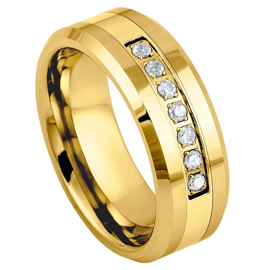 Tungsten Yellow Wedding Band With Cz Stones 8mm