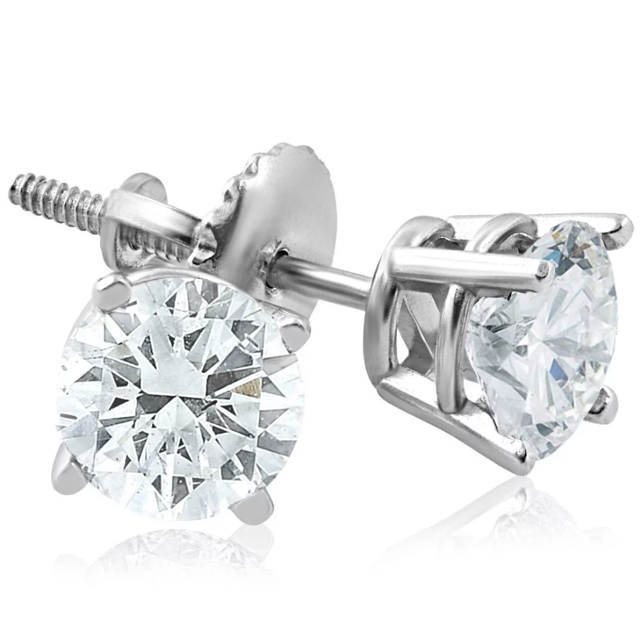14K White Gold Round Diamond Stud Earrings, 1.00 ct