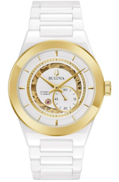 Men's Bulova Modern Millenia Two-Tone Automatic Ceramic Watch with White Skeleton Dial