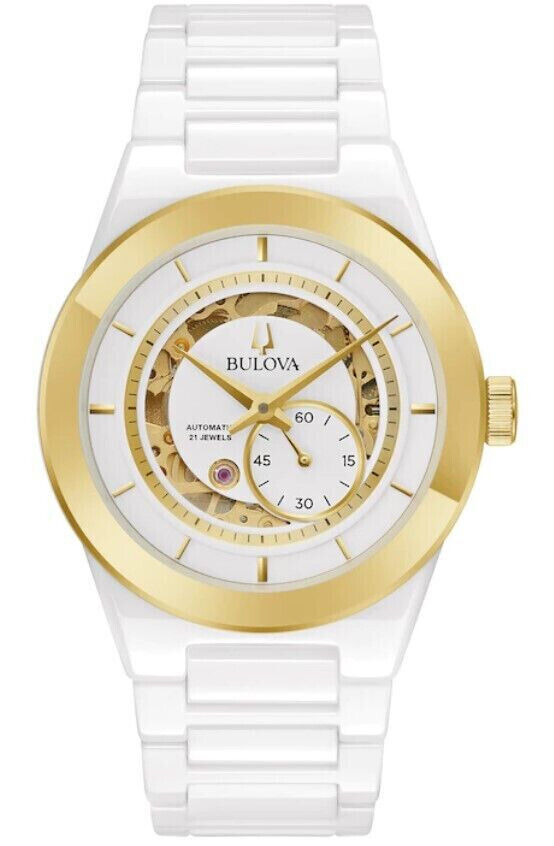 Men's Bulova Modern Millenia Two-Tone Automatic Ceramic Watch with White Skeleton Dial