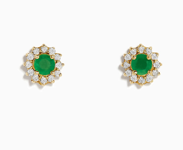 14K Yellow Gold Emerald With Diamond Stud Earrings