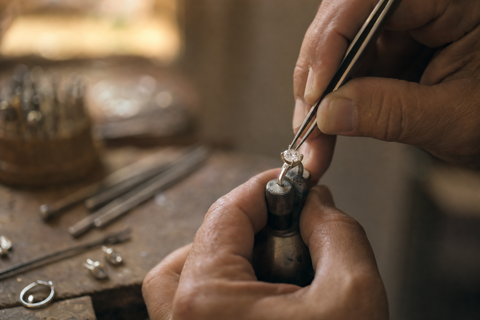 Jeweler setting a diamond at workbench