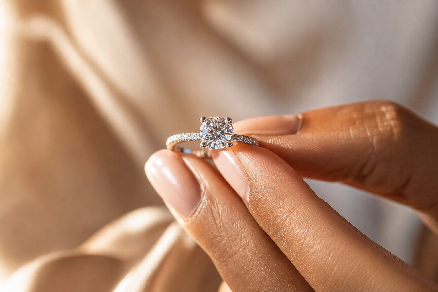 Diamond engagement ring held between fingers