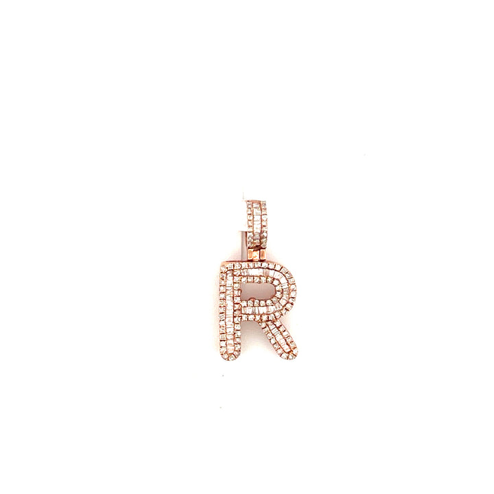 10K Rose Gold R Diamond Initial Pendant, 0.30 ct Round, 0.25 ct Baguette